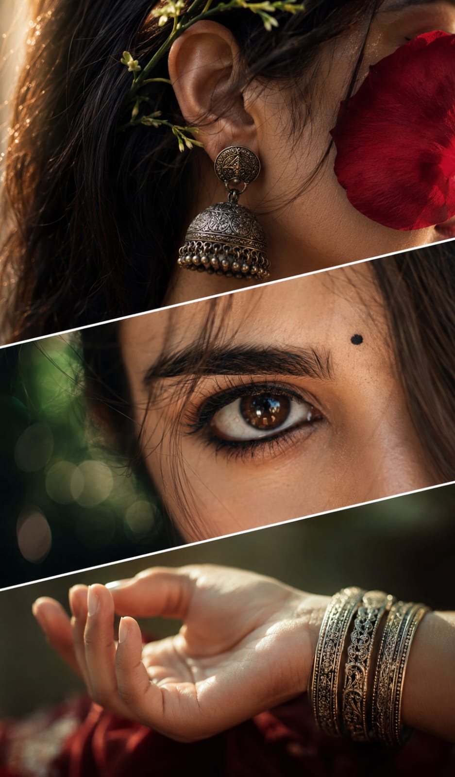 AI generated ethnic collage with silver jhumka earring, kajal eye, and bangles for Aesthetic Beautiful Eyes Photo Prompt