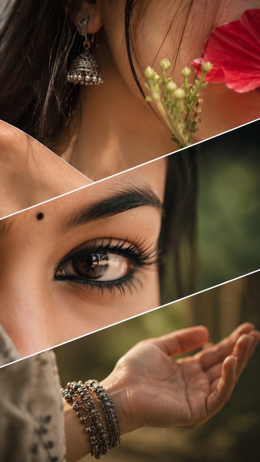 AI generated diagonal collage with jhumka earring, smoky brown eye, and silver bangles for Aesthetic Beautiful Eyes Photo Prompt