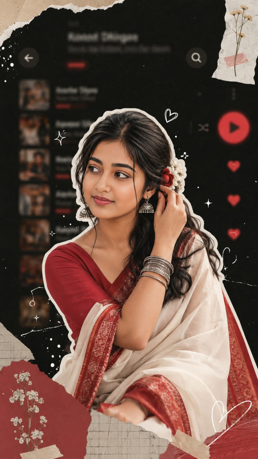 Female aesthetic Spotify background photo prompt saree scrapbook style