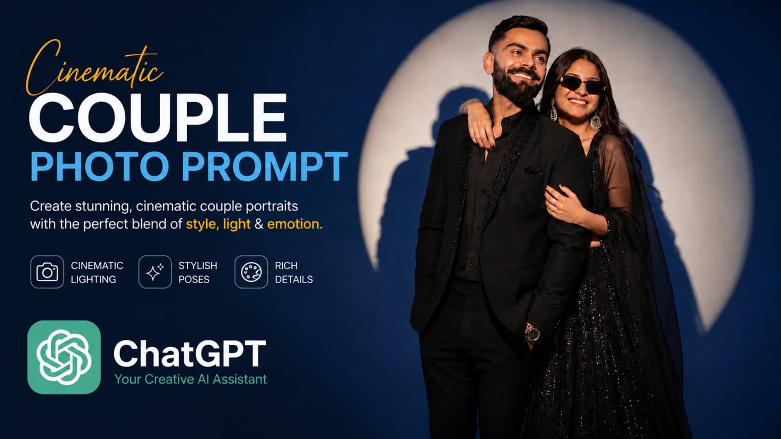 Cinematic couple photo prompt result showing man in white sherwani and woman in black sequin lehenga against a blue spotlight background