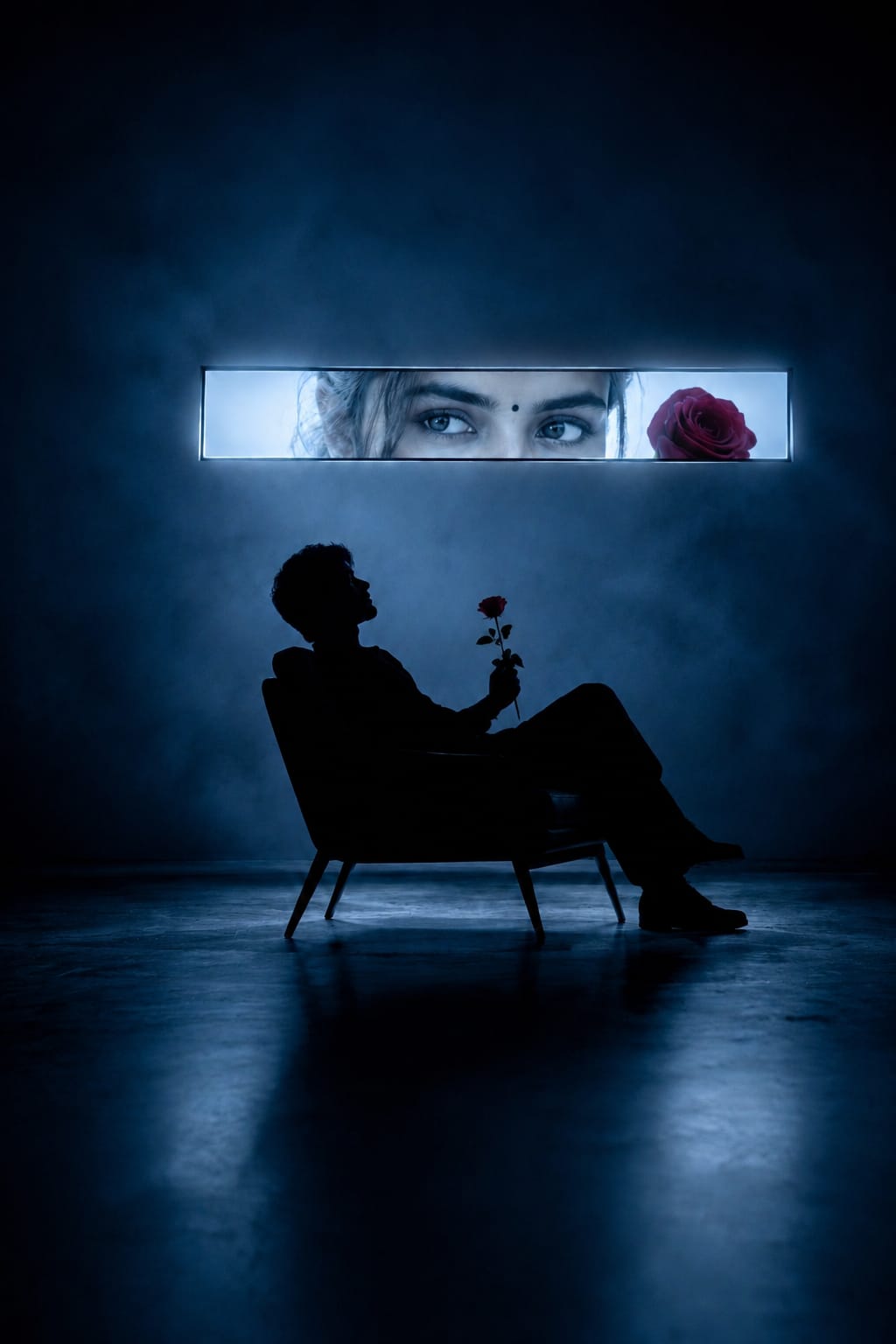 Example output of cinematic crush eye photo prompt showing silhouette and glowing eyes