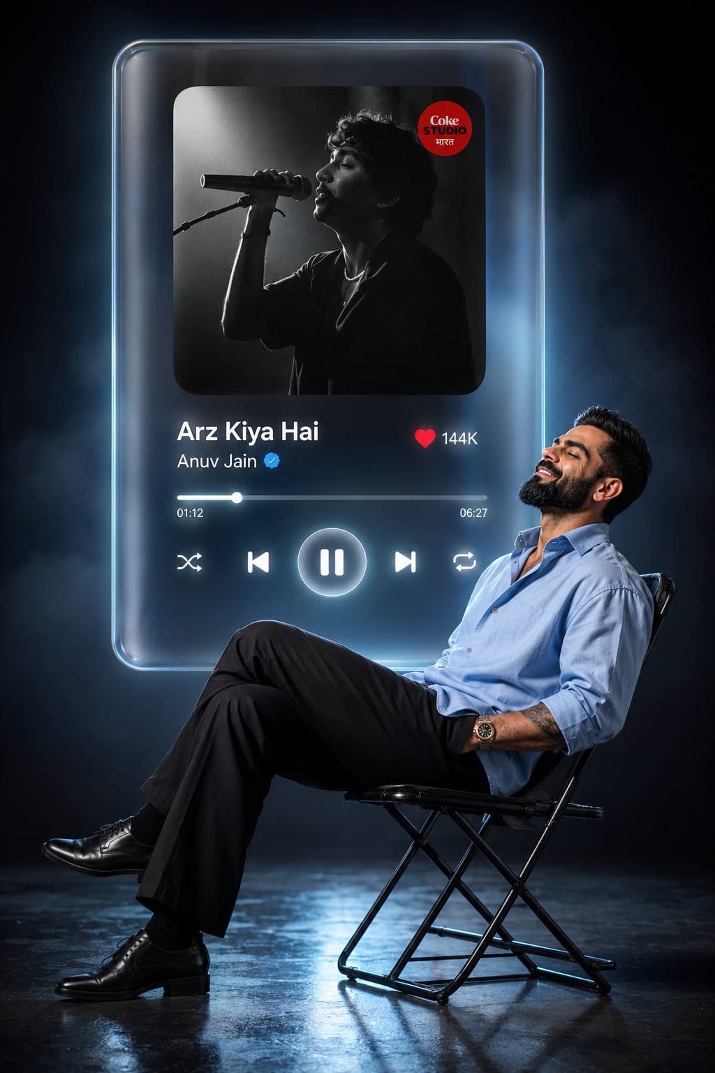 Demo result of cinematic music portrait photo prompt showing glowing music player behind a seated man