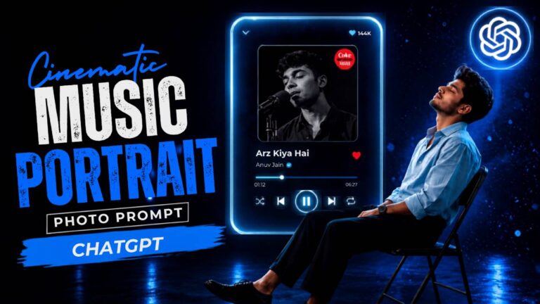 Cinematic music portrait photo prompt with glowing music player design by RonyTica