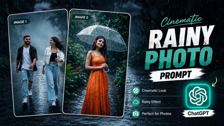 Cinematic rainy photo AI prompt example generated using ChatGPT