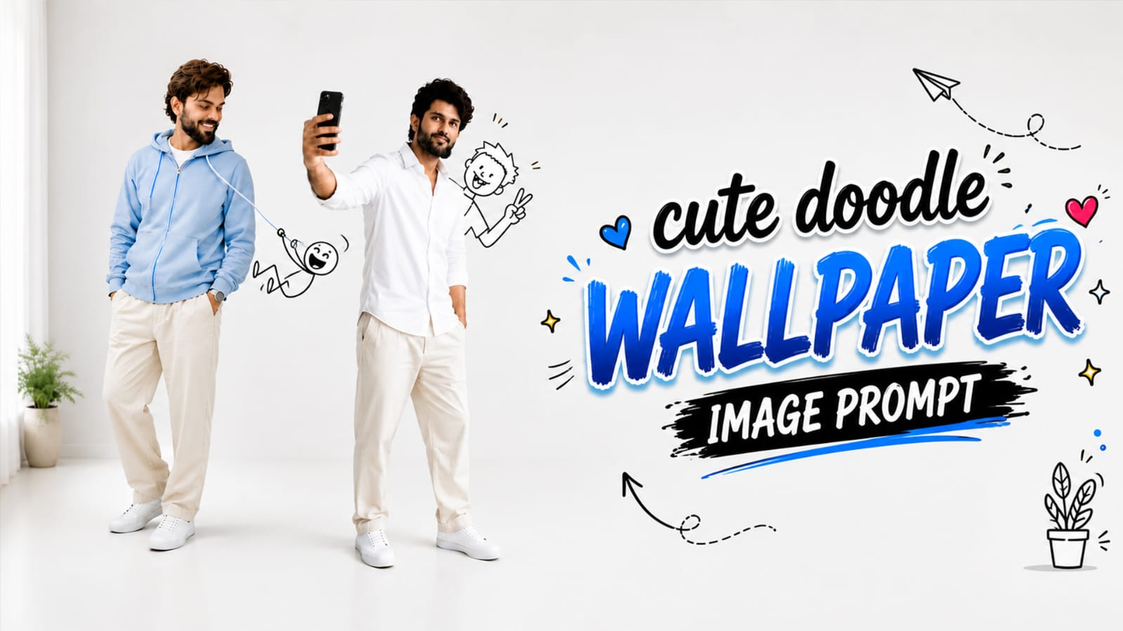 Cute doodle wallpaper image prompt thumbnail showing two men with black outline doodle characters, viral ChatGPT AI photo trend