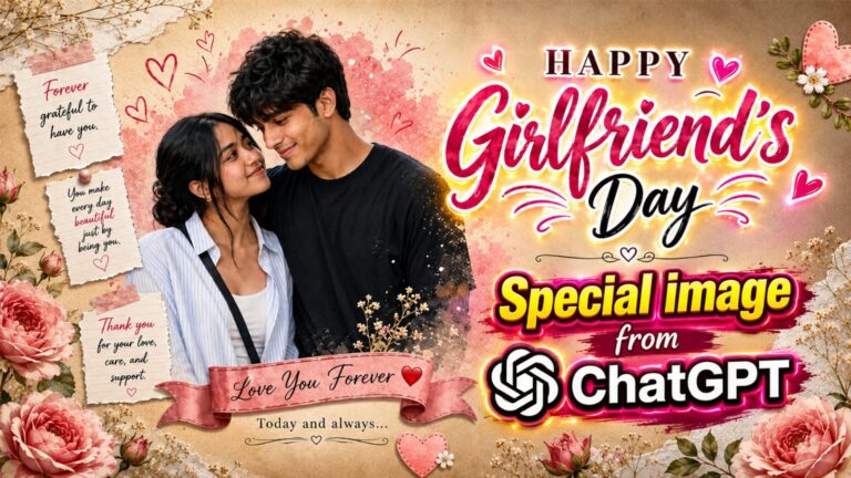 Girlfriends day special image AI photo prompt for ChatGPT showing a couple with Happy Girlfriend's Day banner
