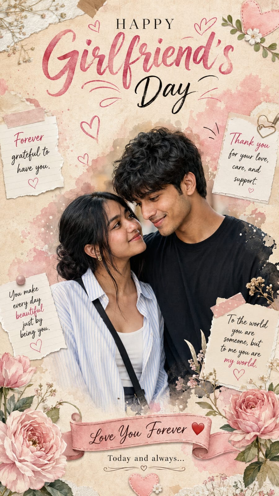 Example of Girlfriend's day special image AI generated Happy Girlfriend's Day poster with romantic scrapbook design