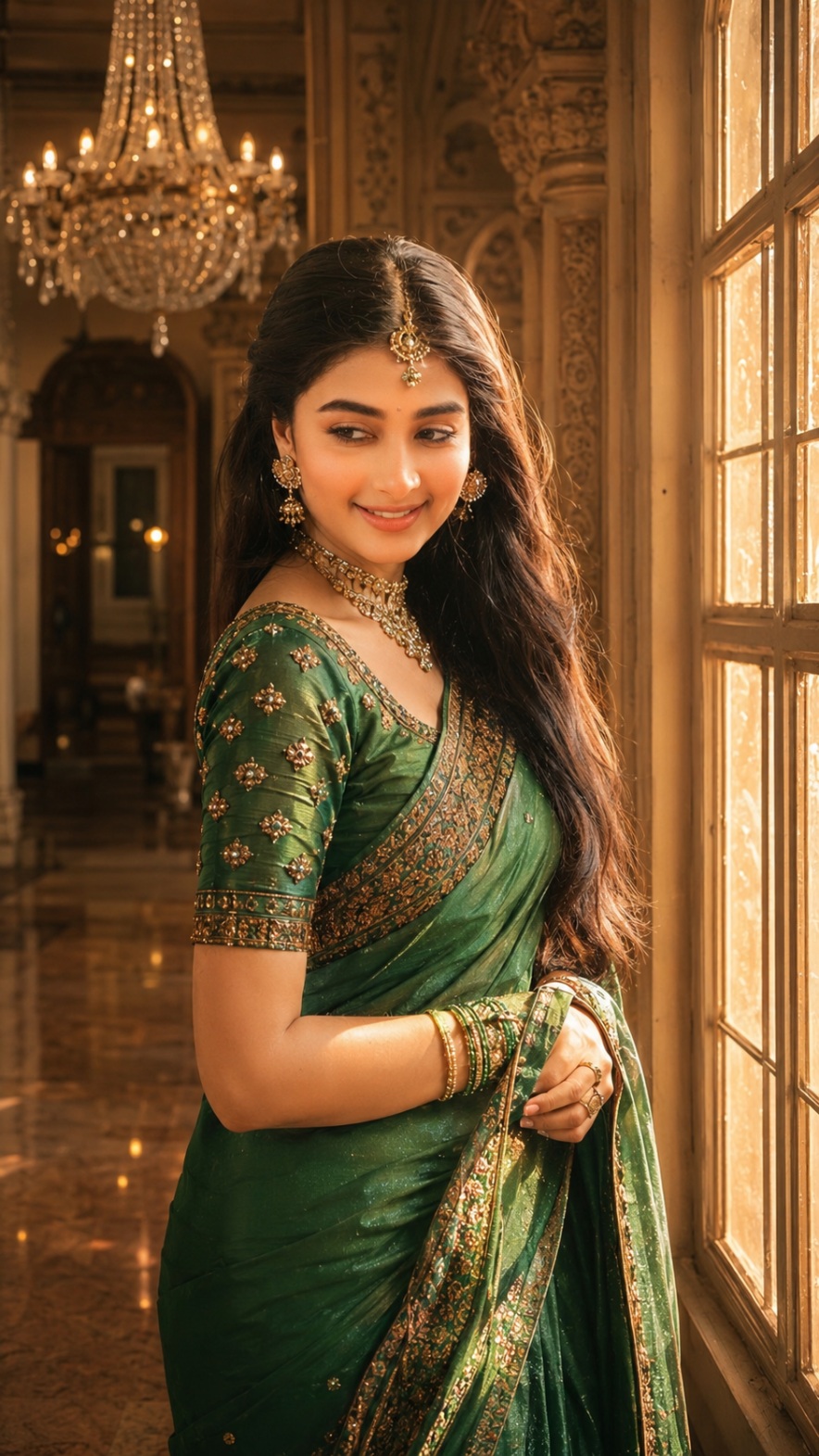 Green saree royal window AI portrait using trending aesthetic girls ChatGPT prompt