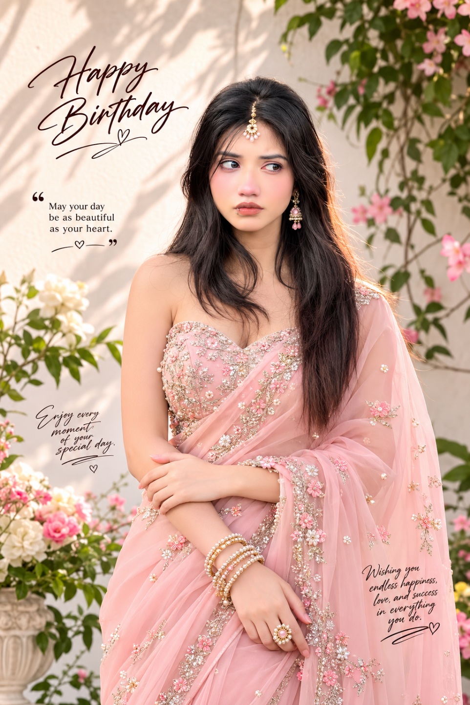 Happy Birthday ChatGPT Prompt girls royal saree poster