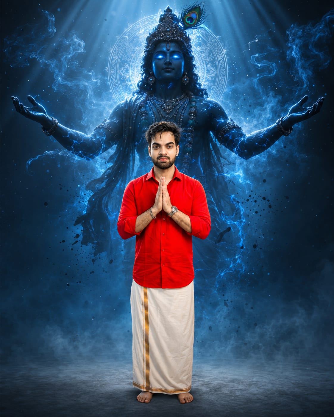 Man in red shirt and dhoti with blue Lord Krishna cinematic AI photo background