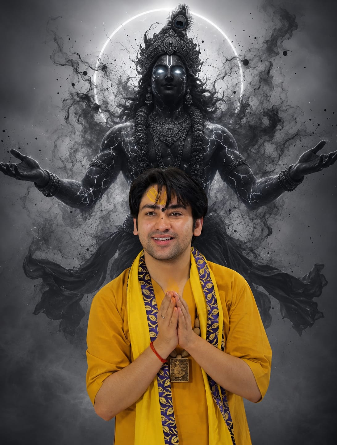 Man in yellow kurta with Lord Krishna cinematic photo AI prompt background