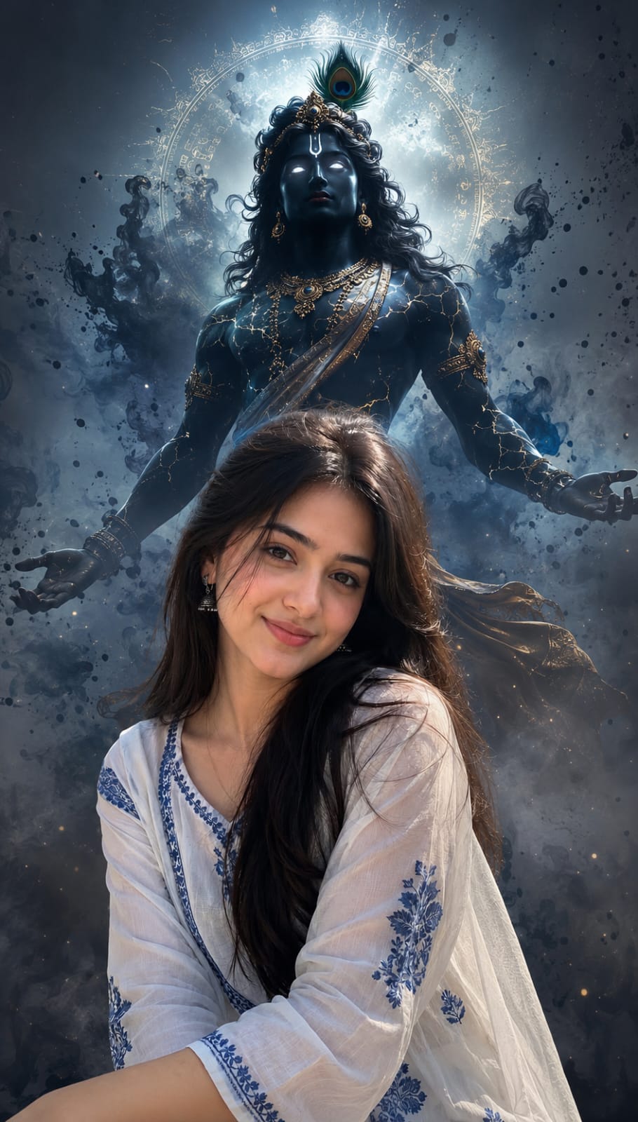 Woman in white outfit with golden Lord Krishna cinematic AI photo effect