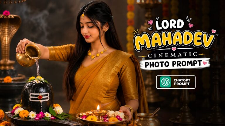 Mahadev ai photo prompt thumbnail showing woman doing Shivling abhishek in golden saree