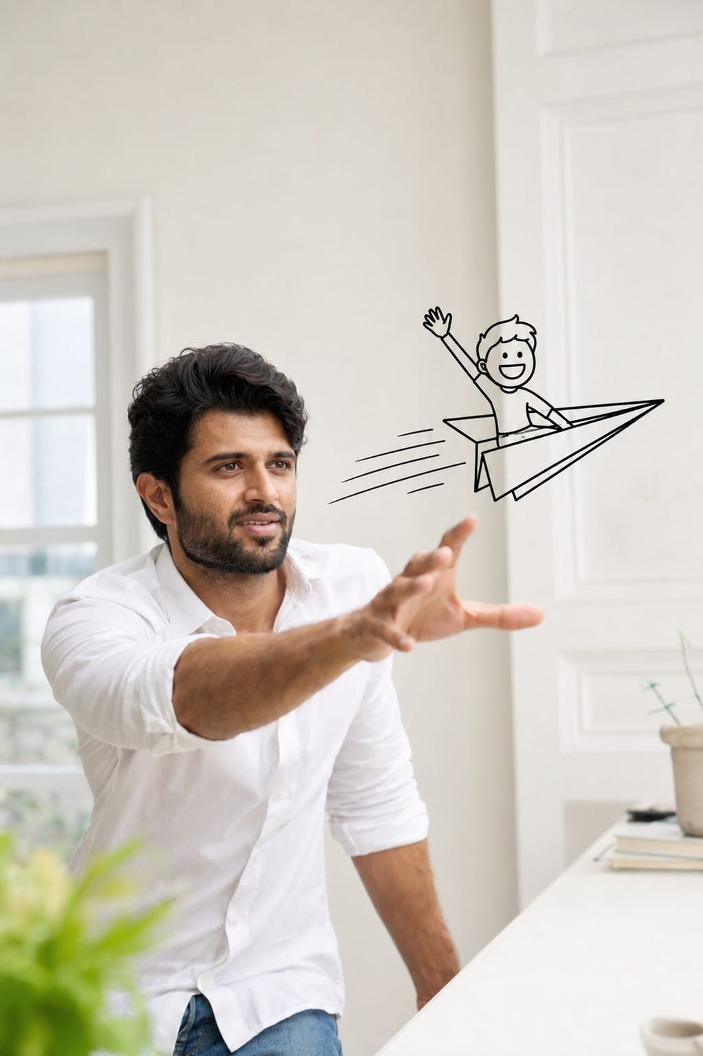 Man reaching out to catch paper airplane with black outline doodle character riding it, AI doodle photo trend