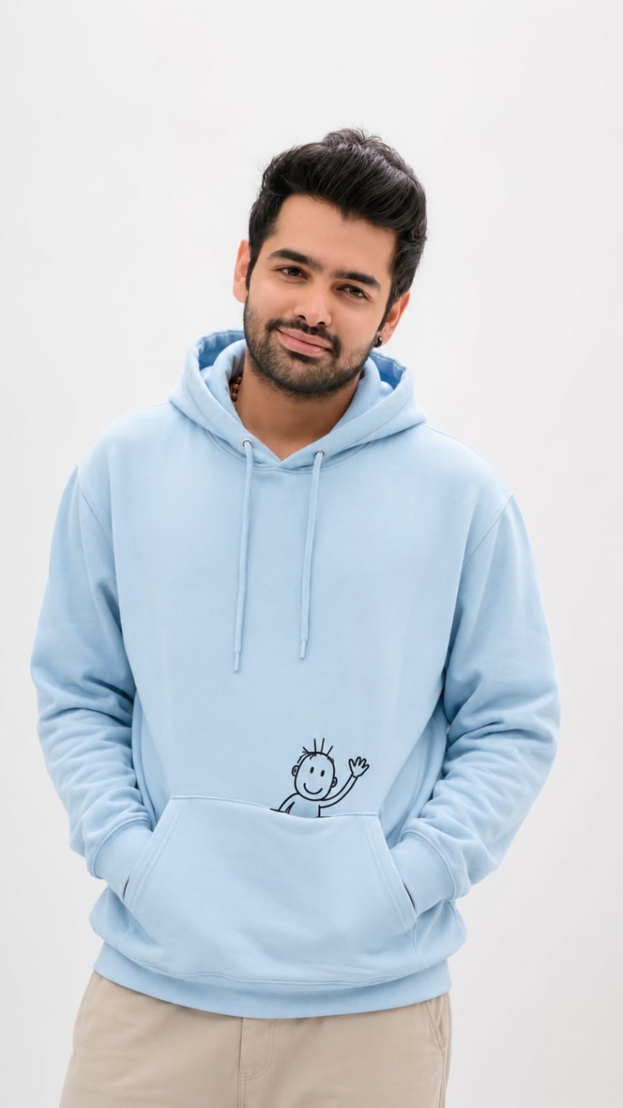 Man in blue hoodie with cute black outline doodle character waving from hoodie pocket, doodle wallpaper prompt style