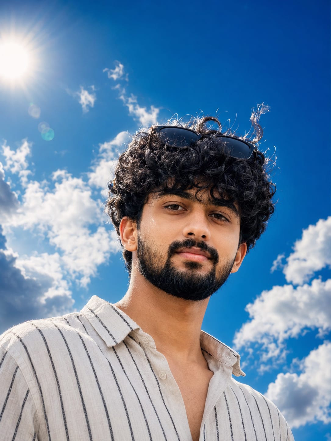 Boy close-up AI portrait using realistic cloudy and sunlight photo prompt with sunlight and clouds