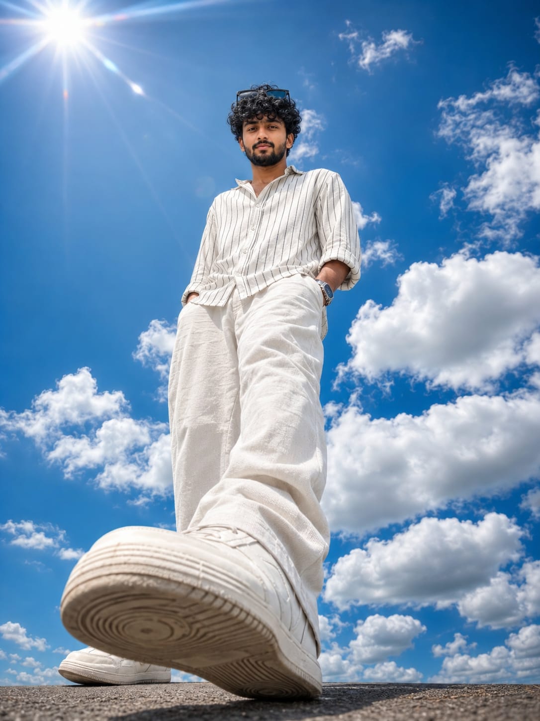 Boy full-body low-angle AI portrait using realistic cloudy and sunlight photo prompt under cloudy sky