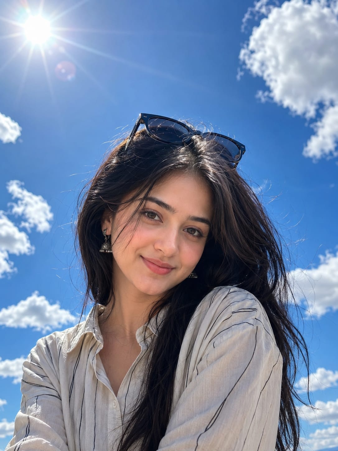 Girl close-up AI portrait using realistic cloudy and sunlight photo prompt with blue sky background
