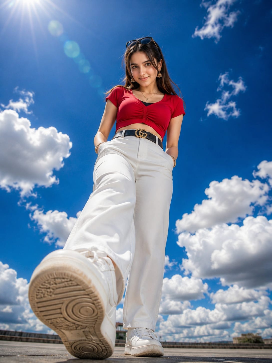 Girl full-body low-angle AI portrait using realistic cloudy and sunlight photo prompt with same outfit
