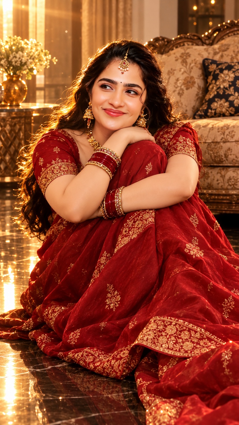 Red saree golden hour AI portrait using trending aesthetic girls ChatGPT prompt