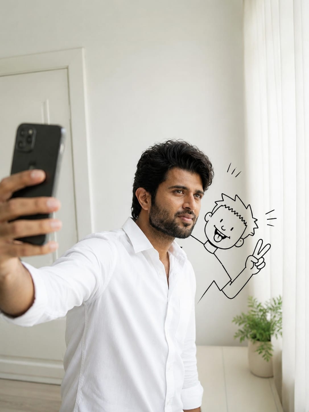 Man taking selfie while cute black outline doodle character photobombs with peace sign, viral doodle photo trend