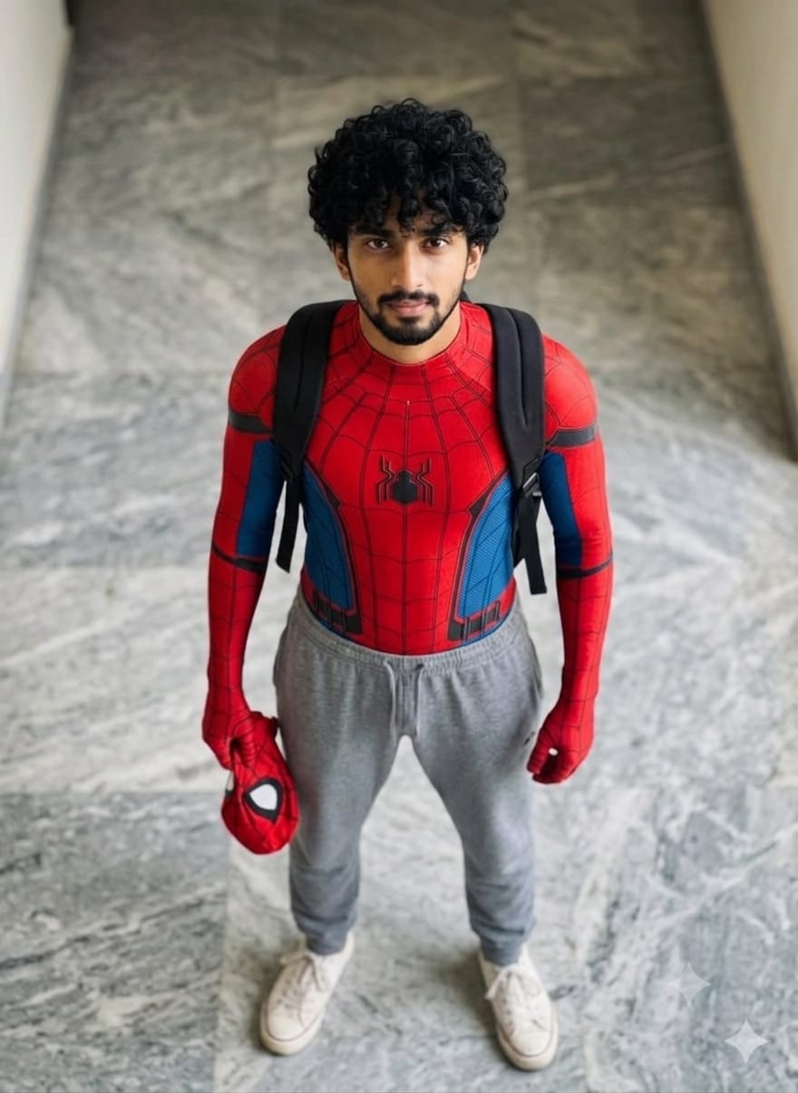 Boy showing Spider-Man AI photo prompt result with grey sweatpants and backpack