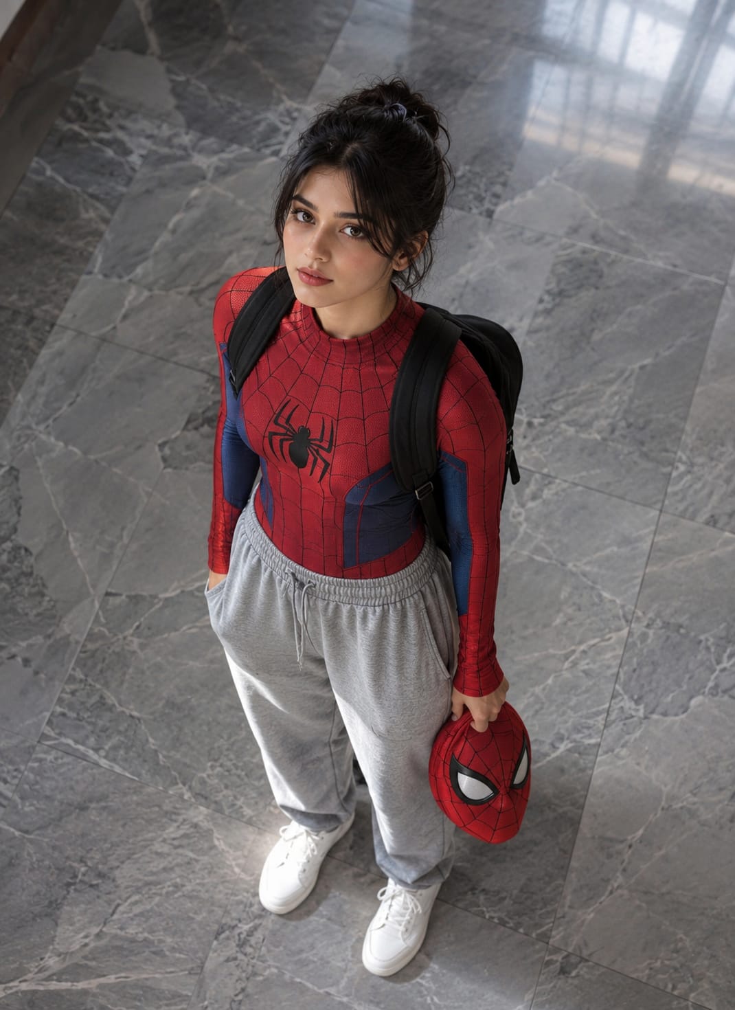 Girl showing Spider-Man AI photo prompt result with grey sweatpants and backpack