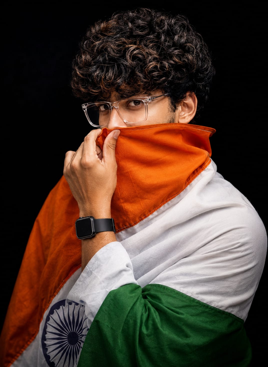 Indian man covering face with tricolor flag AI photo prompt
