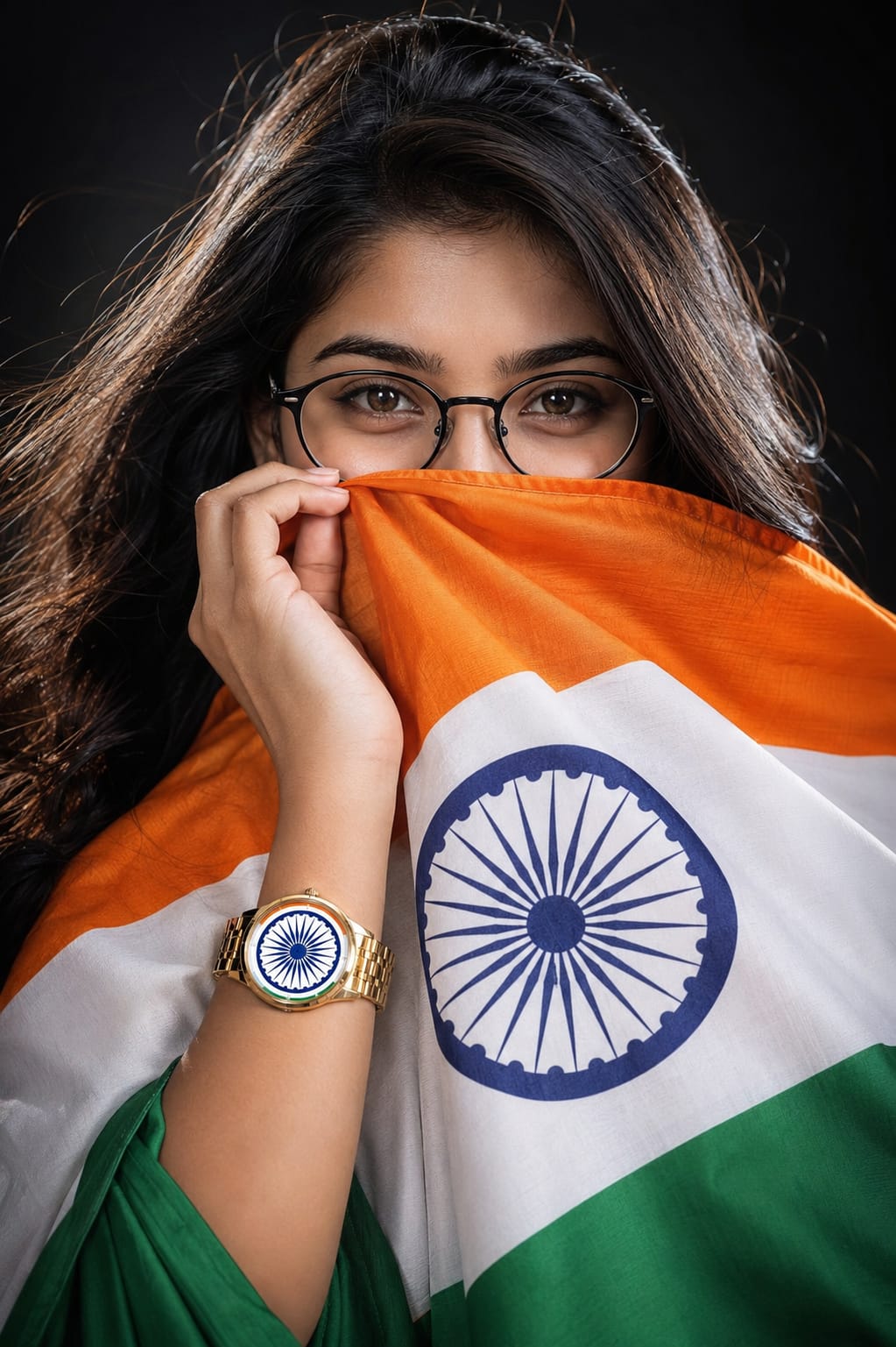 Girl covering face with Indian flag AI photo prompt