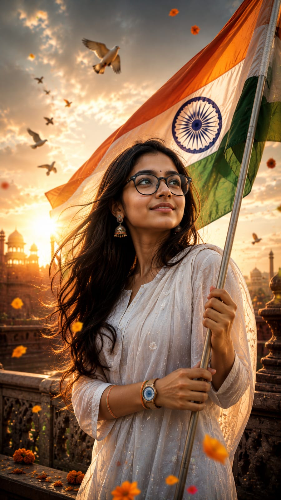 Girl holding Indian flag golden hour AI photo prompt