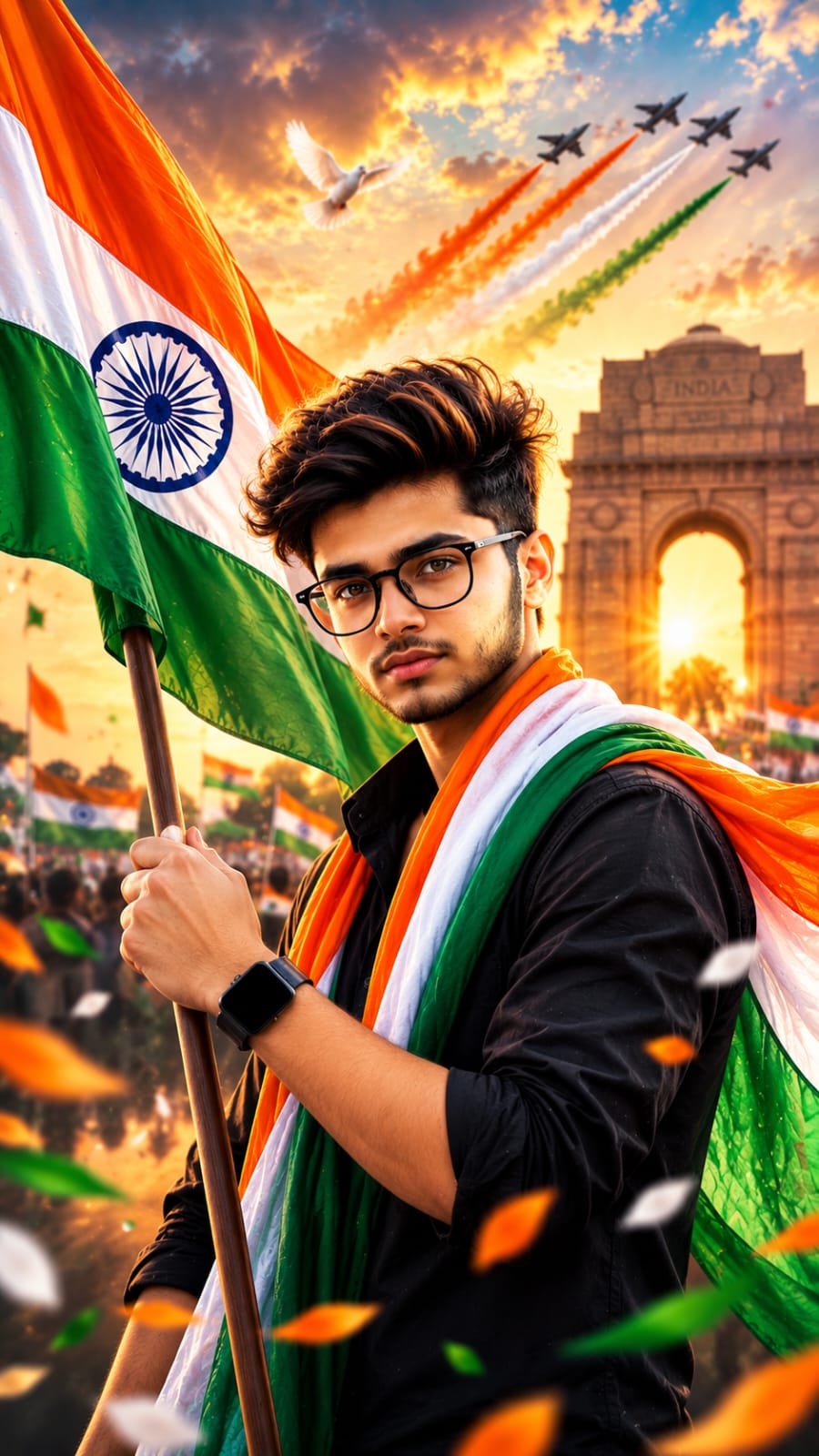 Boy holding Indian flag near India Gate AI photo prompt
