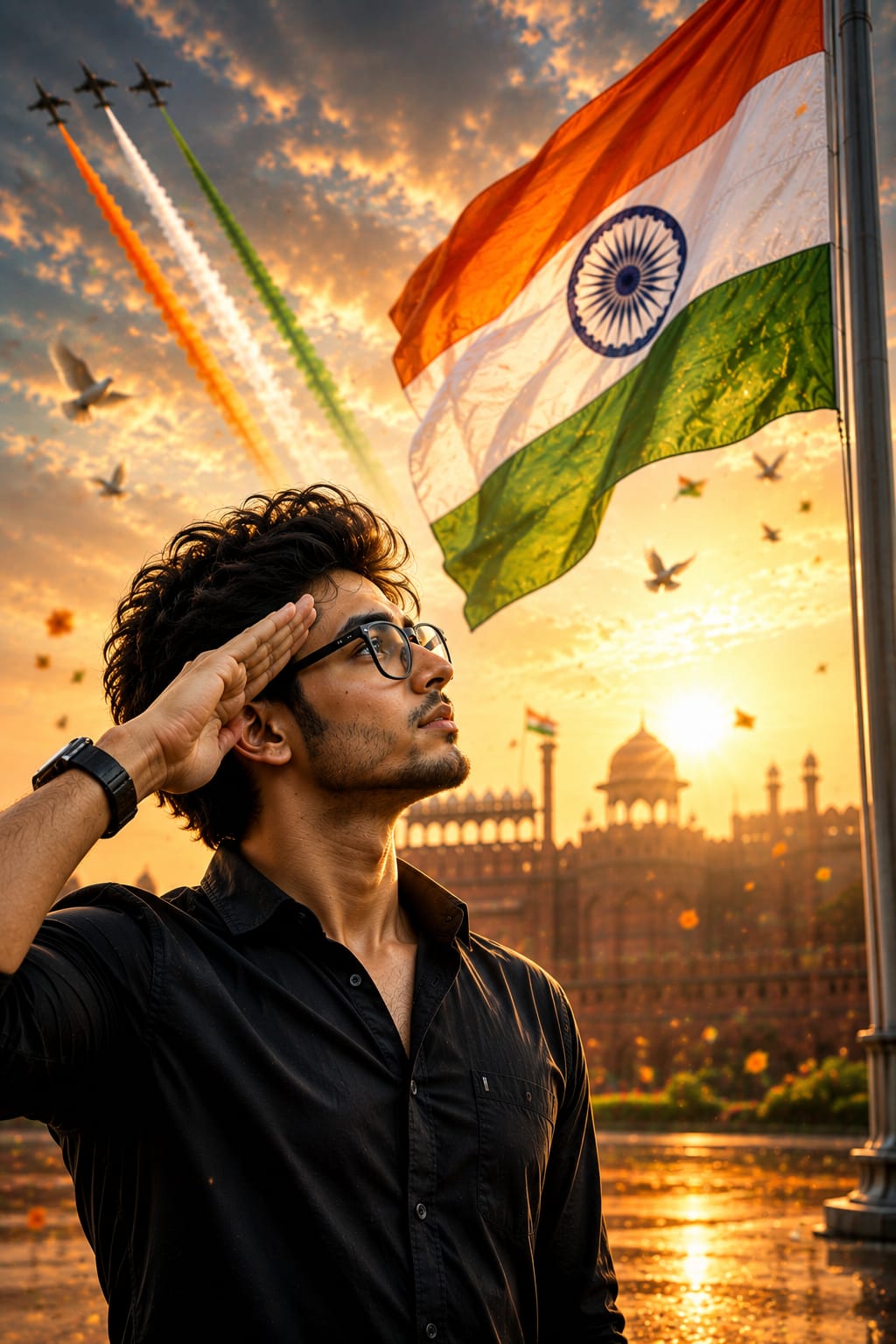Boy saluting Indian flag AI photo prompt
