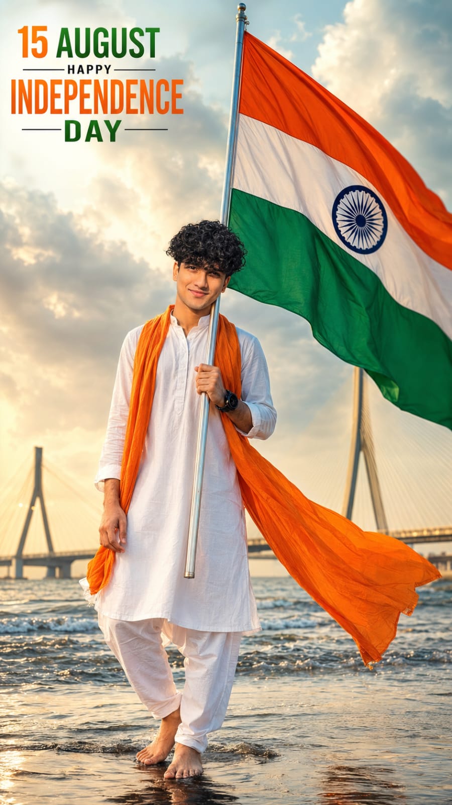 Indian boy in white kurta holding Indian flag on beach for 15 August Happy Independence Day AI photo prompt