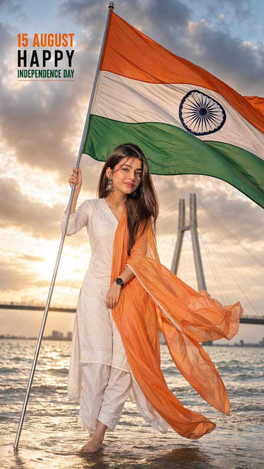 Indian girl in white salwar suit holding Indian flag on beach for 15 August Happy Independence Day AI photo prompt
