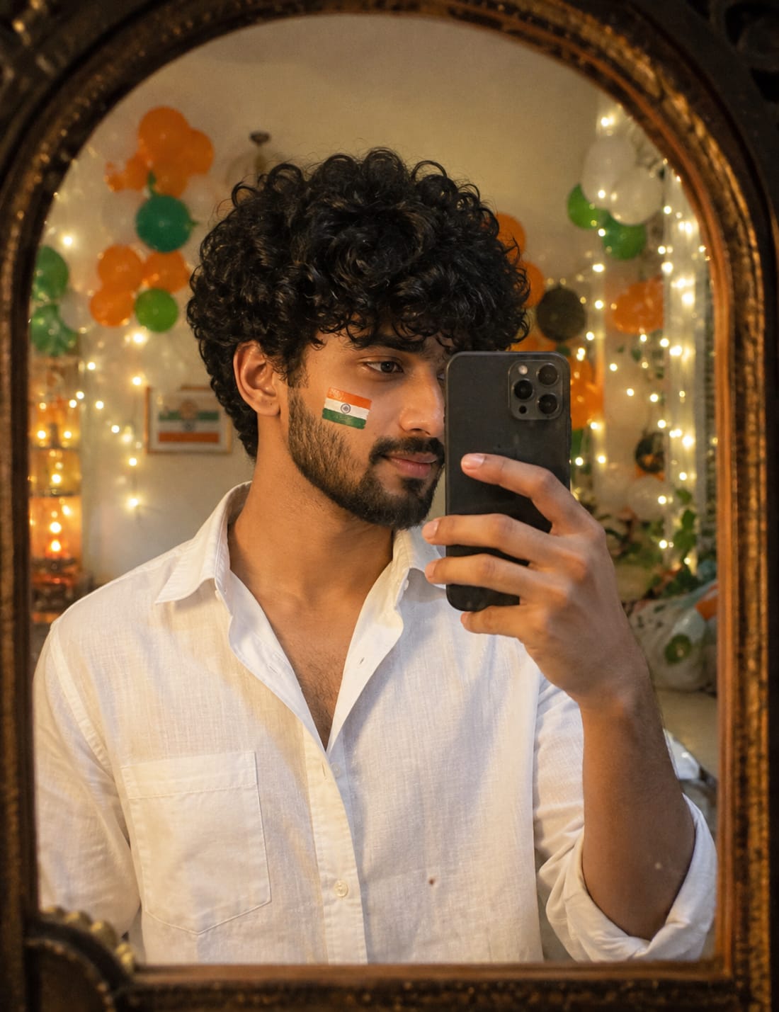 Indian boy taking mirror selfie with small Indian flag painted on cheek for 15 August AI photo prompt