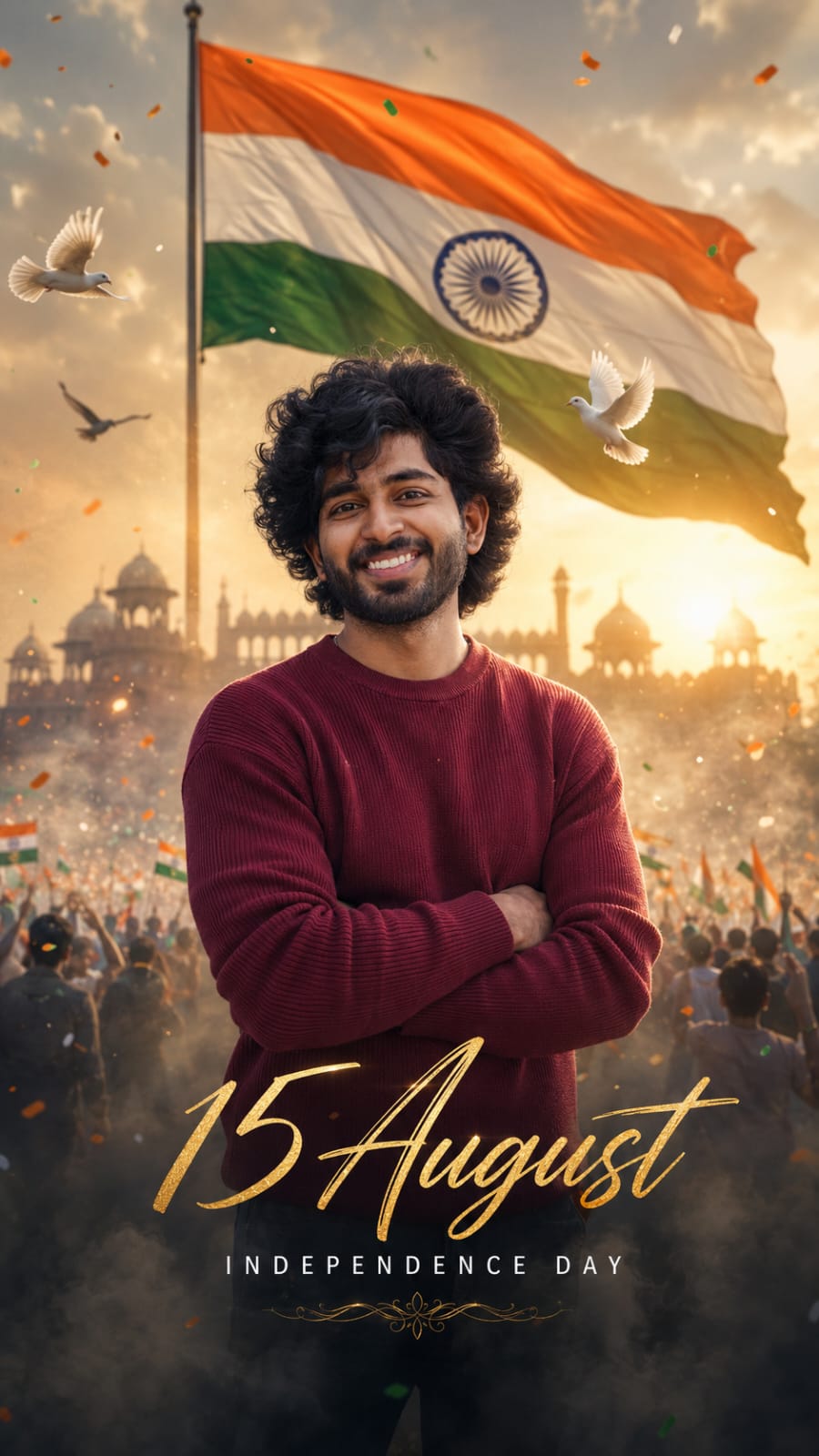 Young Indian man standing with arms crossed in front of giant Indian flag and Red Fort for 15 August AI photo prompt