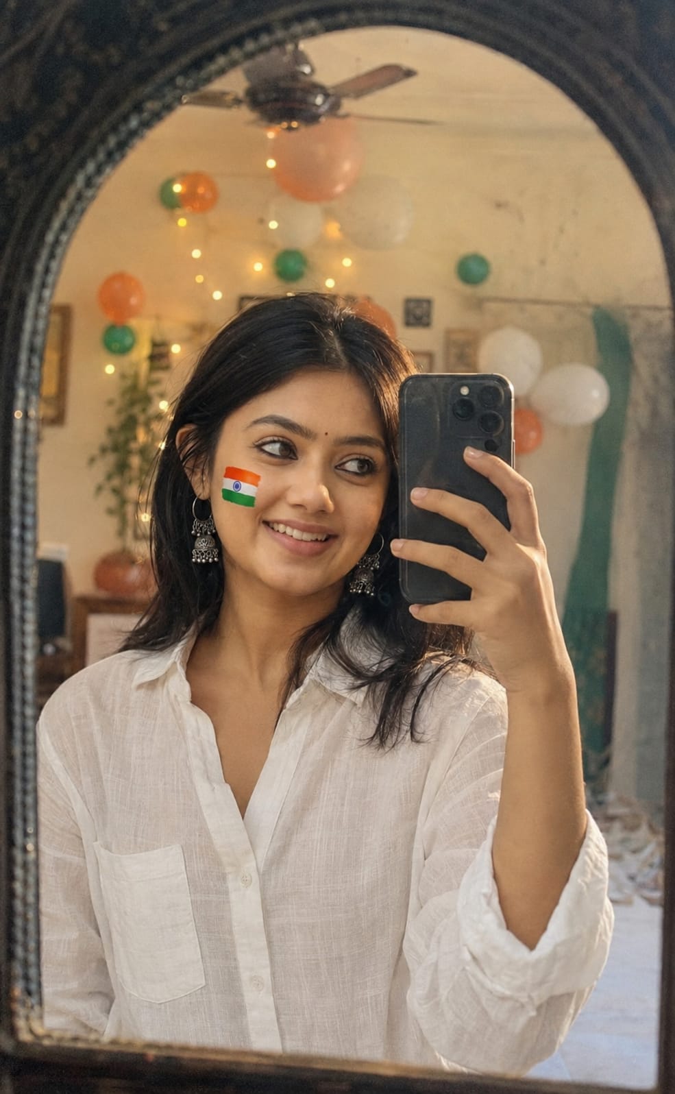 Indian girl taking mirror selfie with small Indian flag painted on cheek for 15 August AI photo prompt