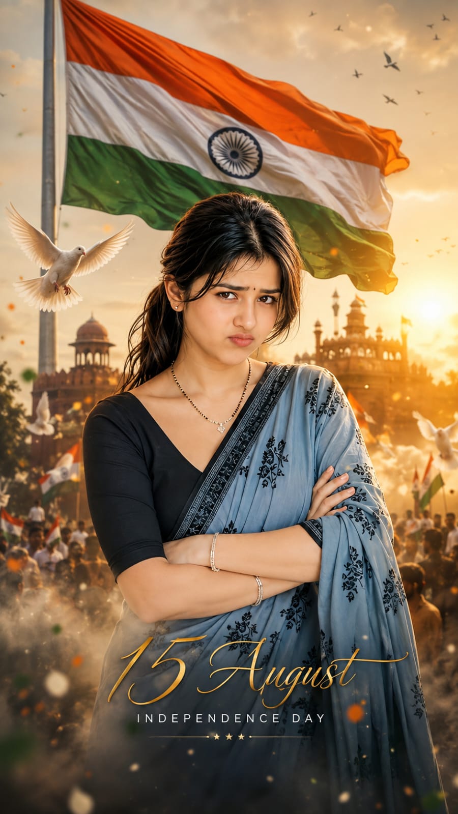 Young Indian woman in saree standing with arms crossed in front of Indian flag and Red Fort for 15 August AI photo prompt