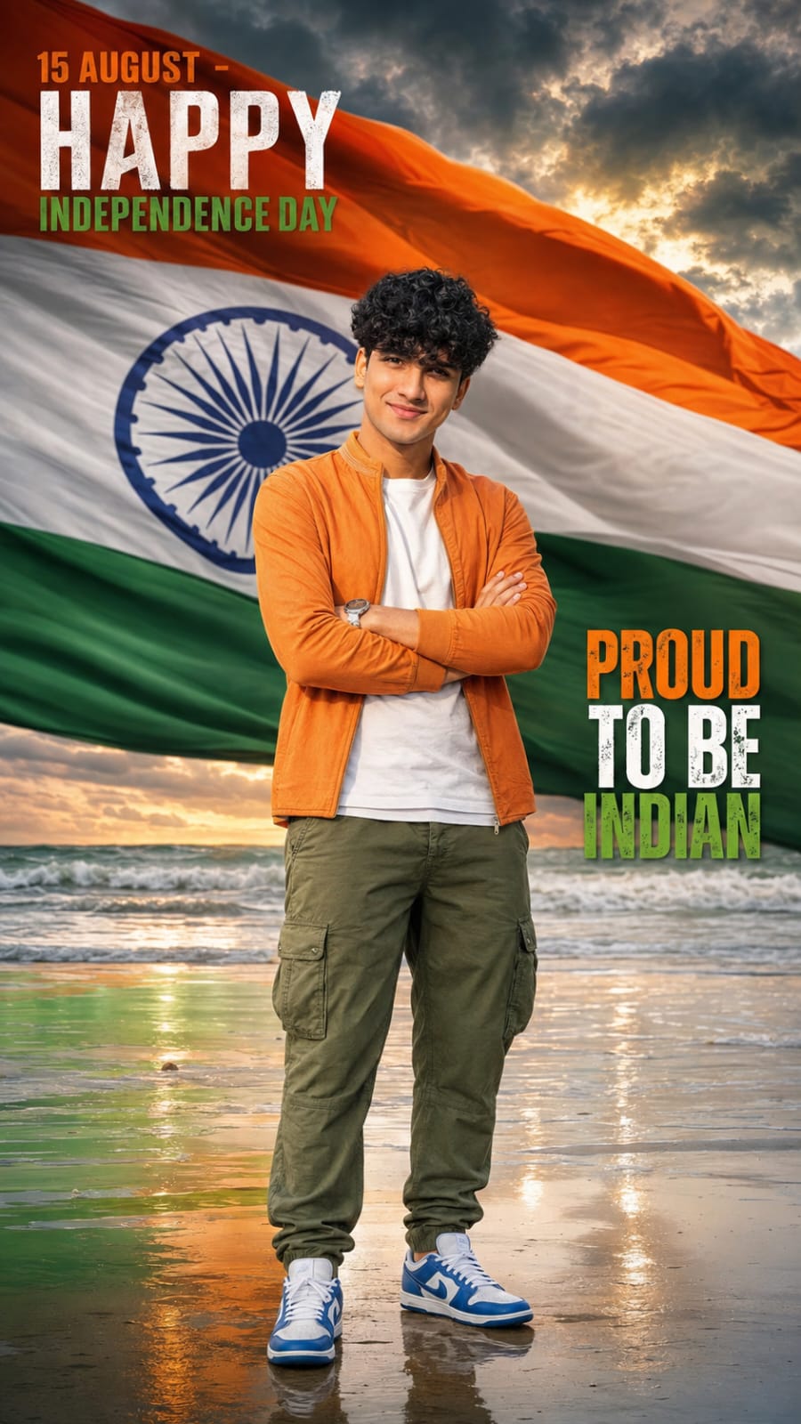 Indian boy standing with arms crossed in front of giant Indian flag with Proud to be Indian text for 15 August AI photo prompt