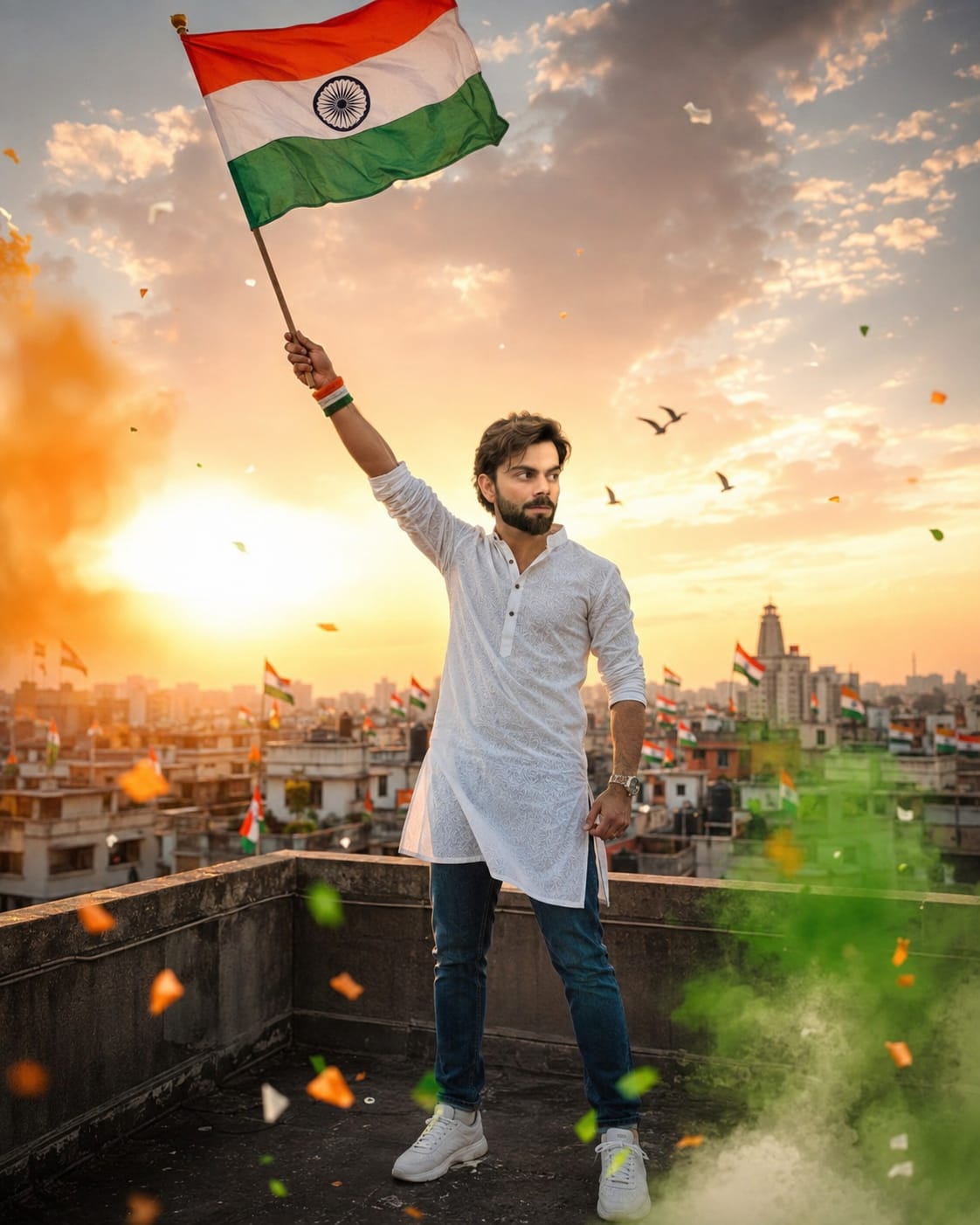 Indian man standing on rooftop holding Indian flag high with city skyline for 15 August AI photo prompt