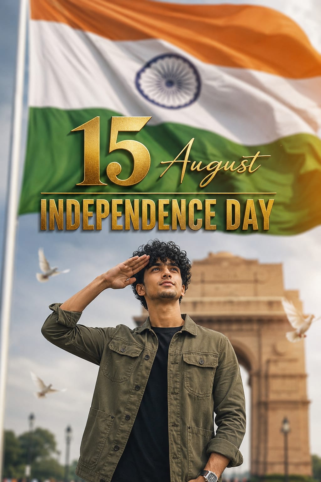 Indian boy saluting in front of giant tricolor flag and India Gate for 15 August Independence Day AI photo prompt