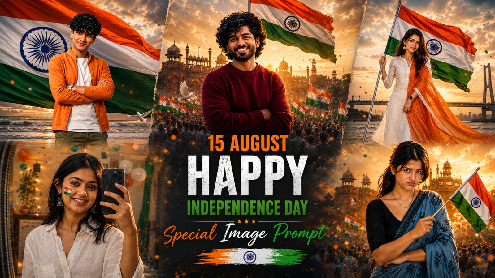 15 August viral photo prompt collage showing Indian men and women posing with tricolor flag for Independence Day AI photos
