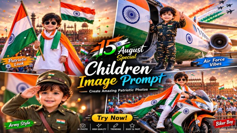 15th August special childrens image showing four AI photo prompt styles for kids - Red Fort flag, army pilot, salute, and tricolor bike