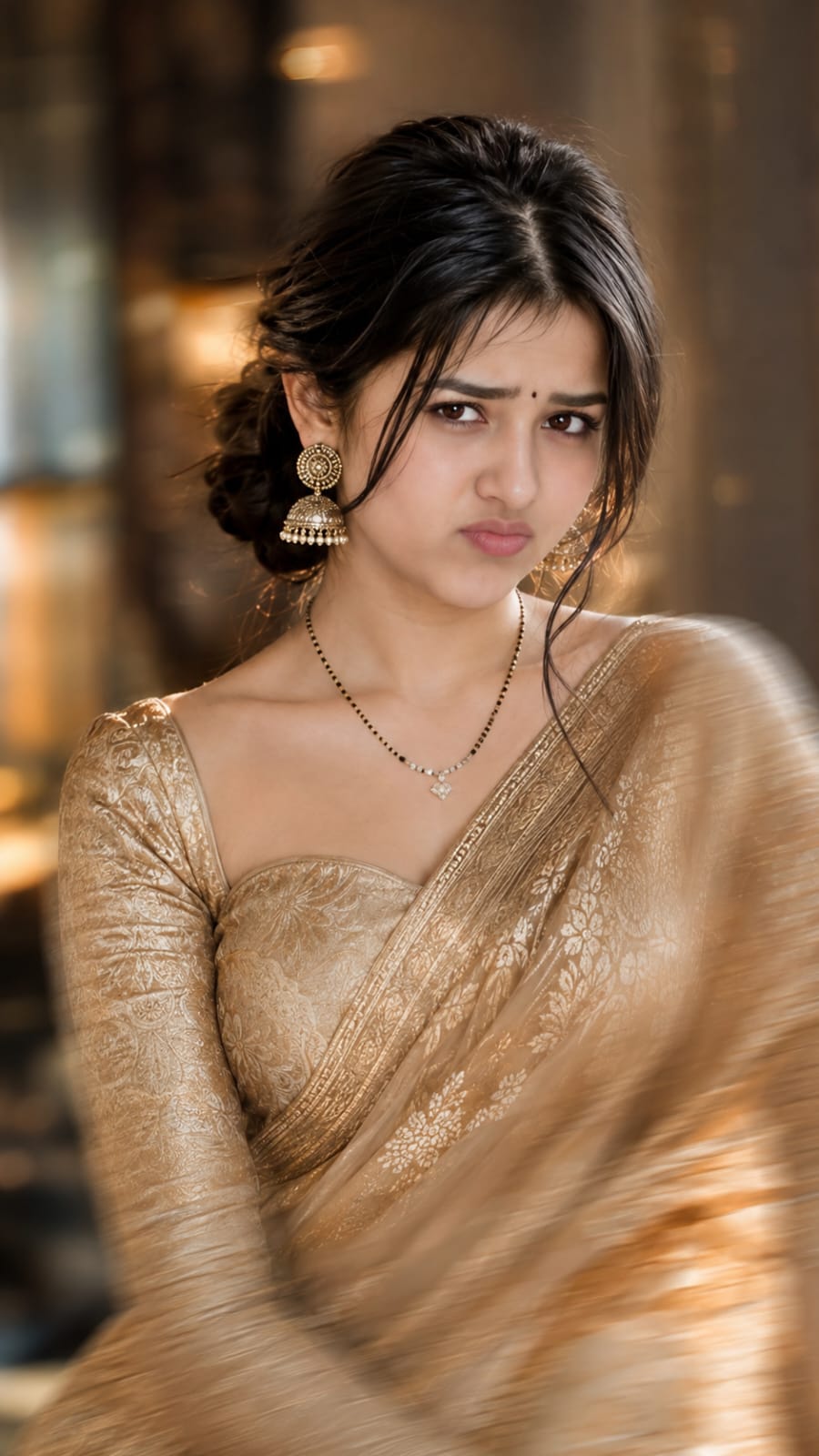 Golden saree aesthetic blurry photo prompt editorial version for girls - RonyTica ChatGPT prompt