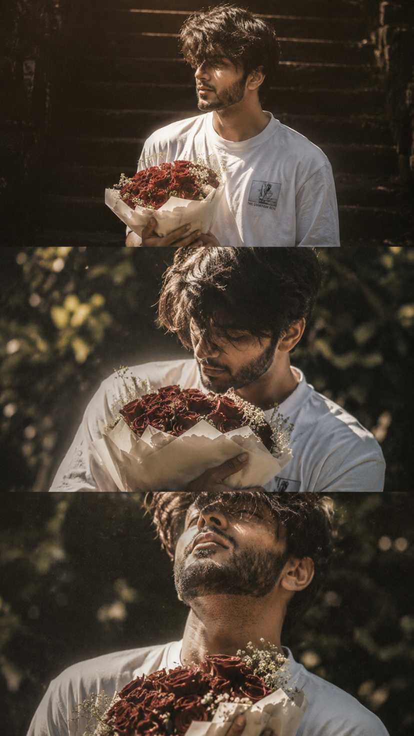 Boy holding red rose bouquet in cinematic aesthetic rose image prompt style