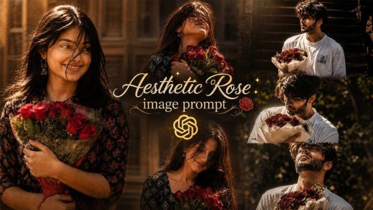 Aesthetic rose image prompt cover showing boy and girl holding rose bouquet in cinematic style