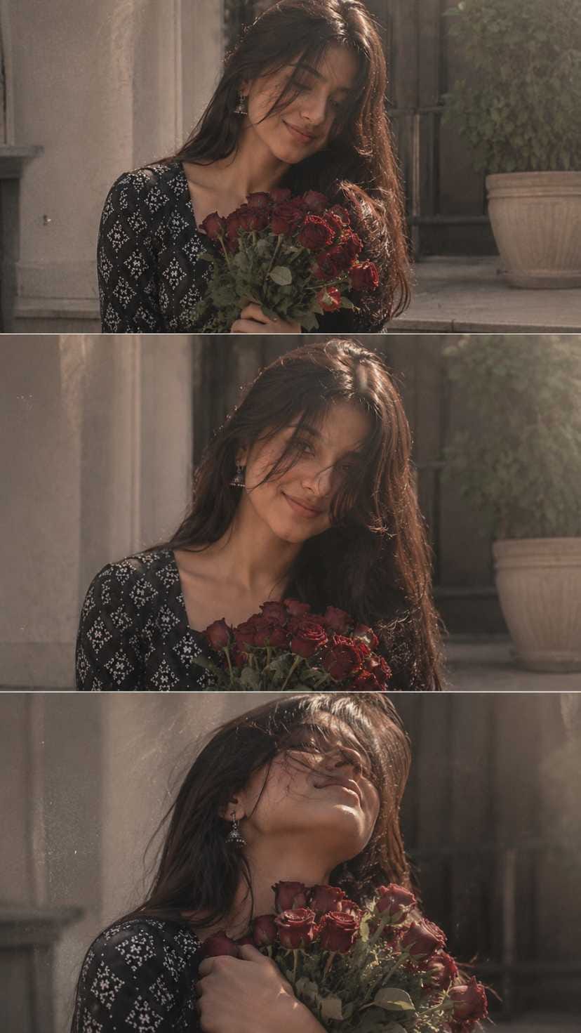Girl holding red rose bouquet in cinematic aesthetic rose image prompt style