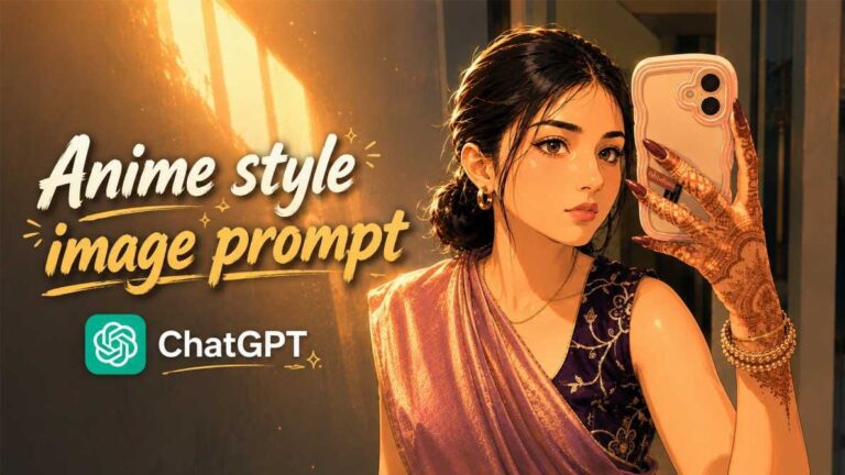 Anime style saree photo prompt for ChatGPT showing a girl in traditional saree with mehendi
