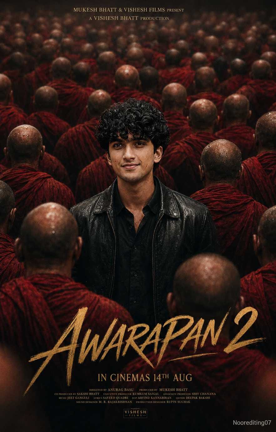 Boy in black leather jacket standing among red robed monks Awarapan 2 AI photo prompt