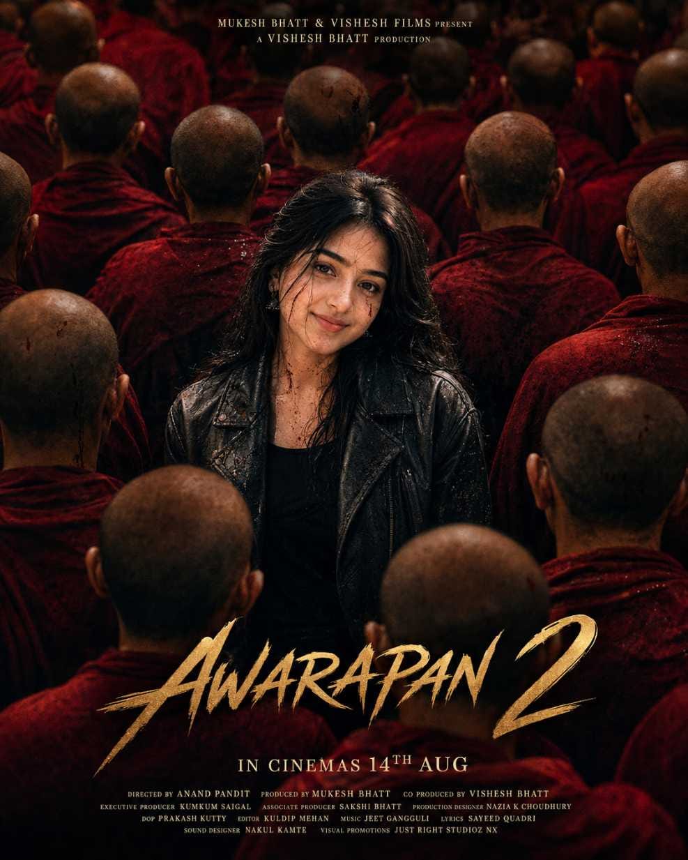 Girl in black leather jacket standing among red robed monks Awarapan 2 AI photo prompt